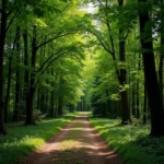 A scenic countryside walking trail winding through a lush green forest