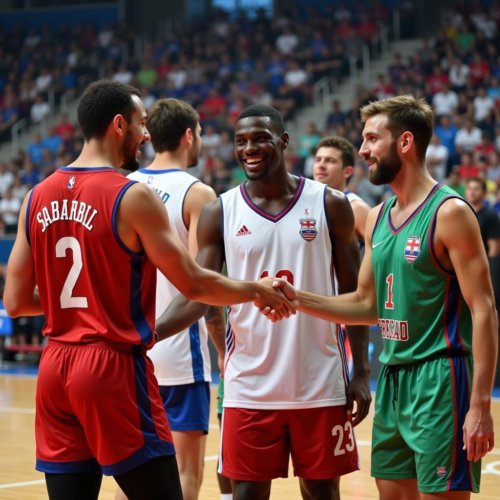 Athletes from different nations sharing cultural experiences through sports