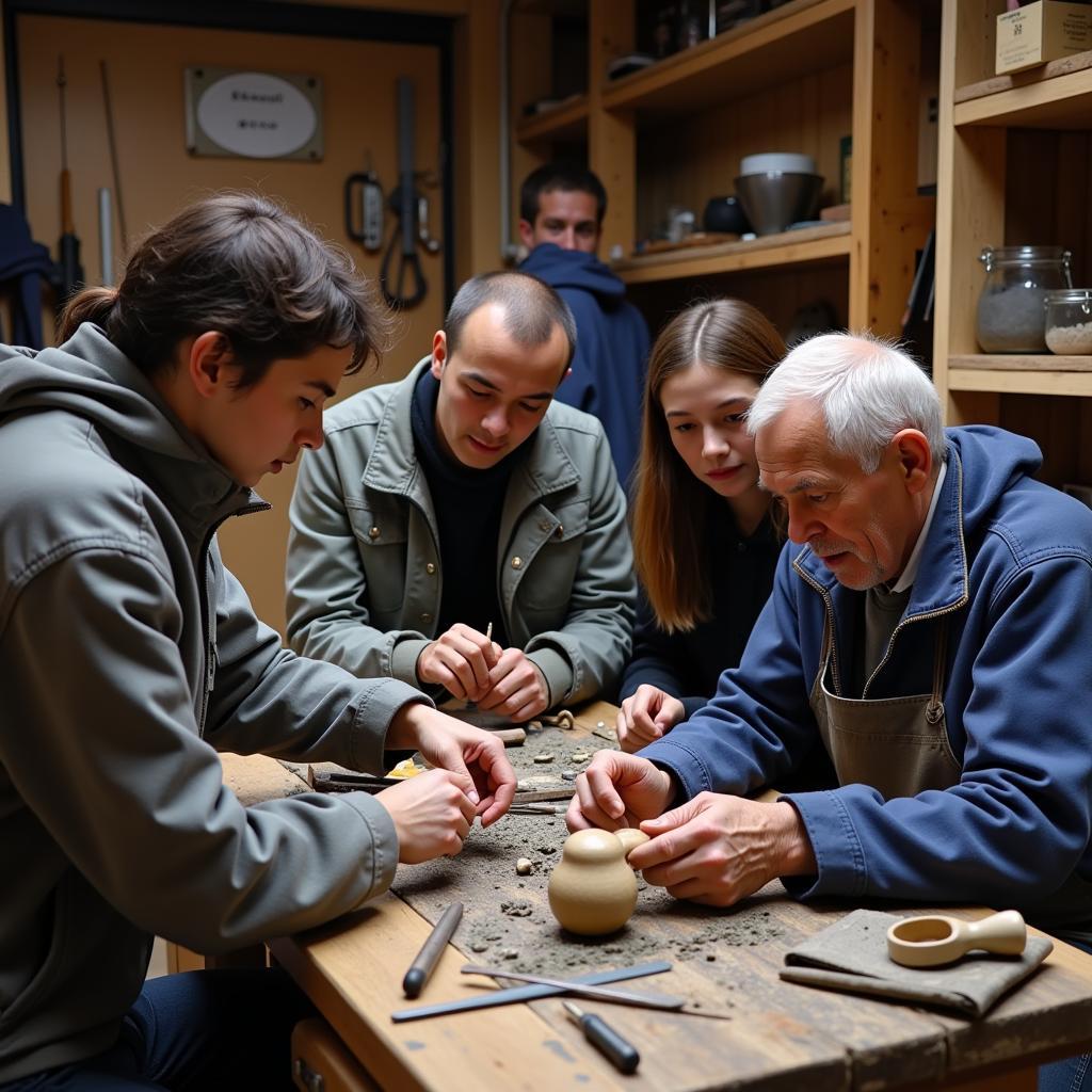 Traditional craftsmen teaching their skills to younger generation