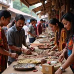 Cultural tourists exploring traditional local market and crafts
