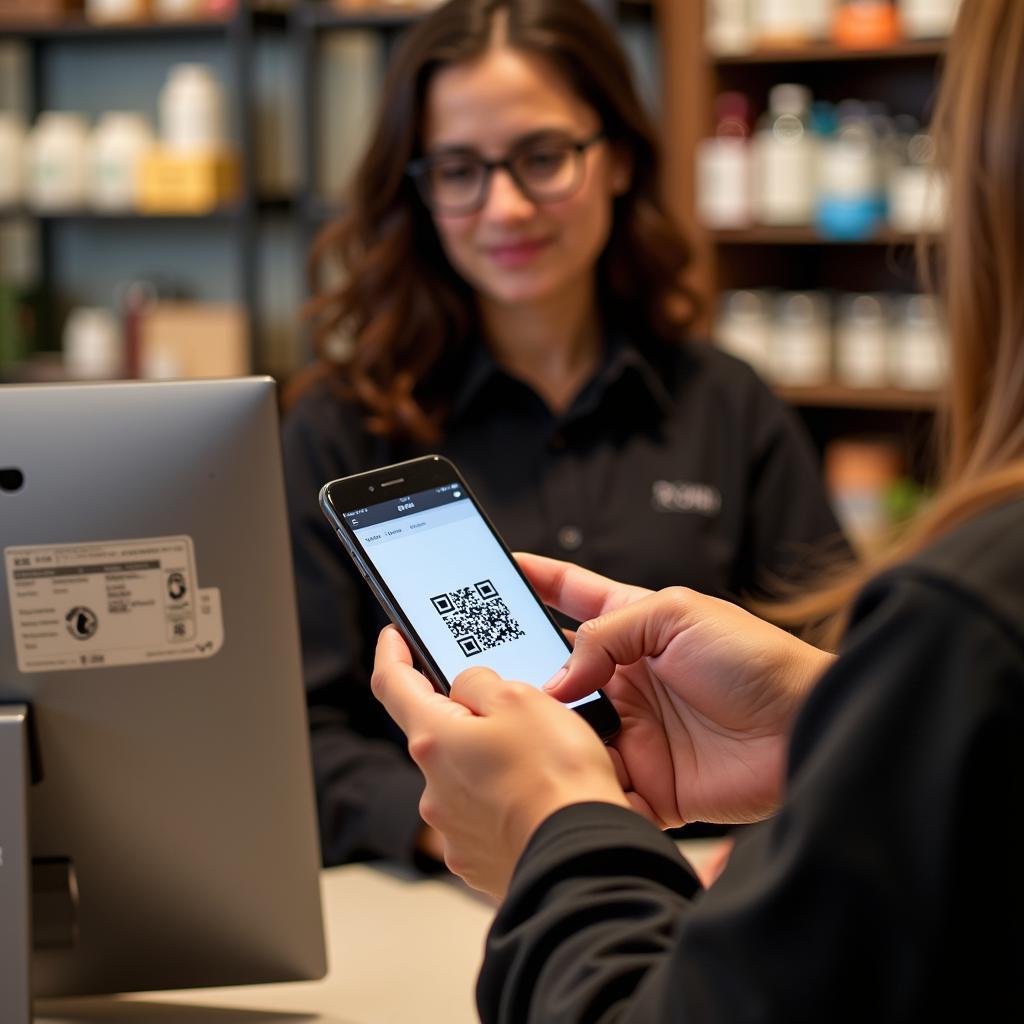 Customer completing purchase using smartphone e-wallet