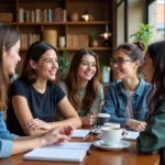 Students practicing English conversation in casual setting