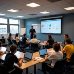 Students participating in classroom debate with digital tools