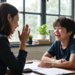 Student practicing natural English conversation with language partner
