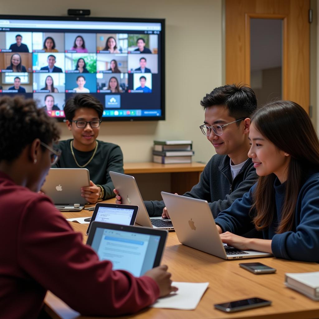 Students engaging in online education through digital devices