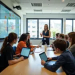 Modern classroom with students using advanced technology