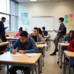 Modern classroom setting with students taking standardized tests
