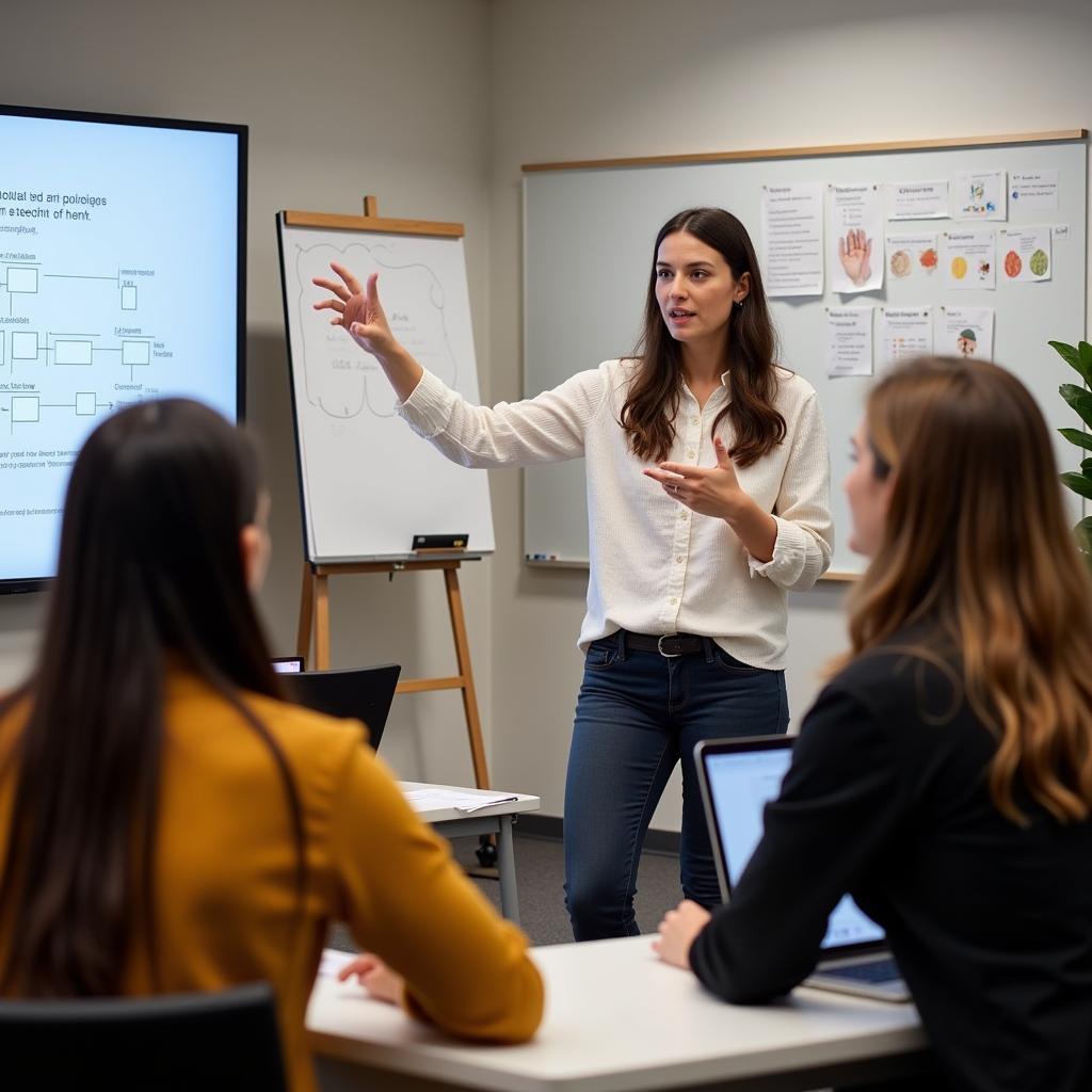 Professional IELTS instructor demonstrating speaking techniques
