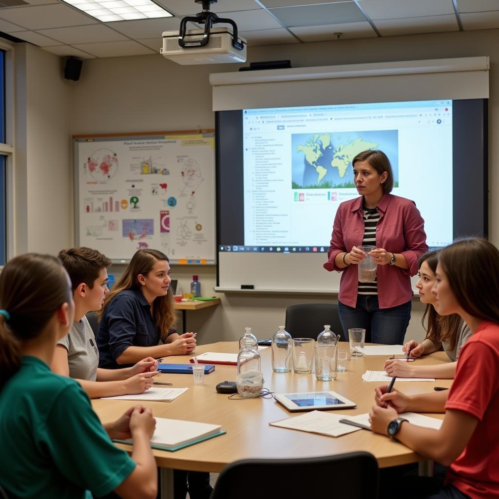 Teacher demonstrating practical experiment to students