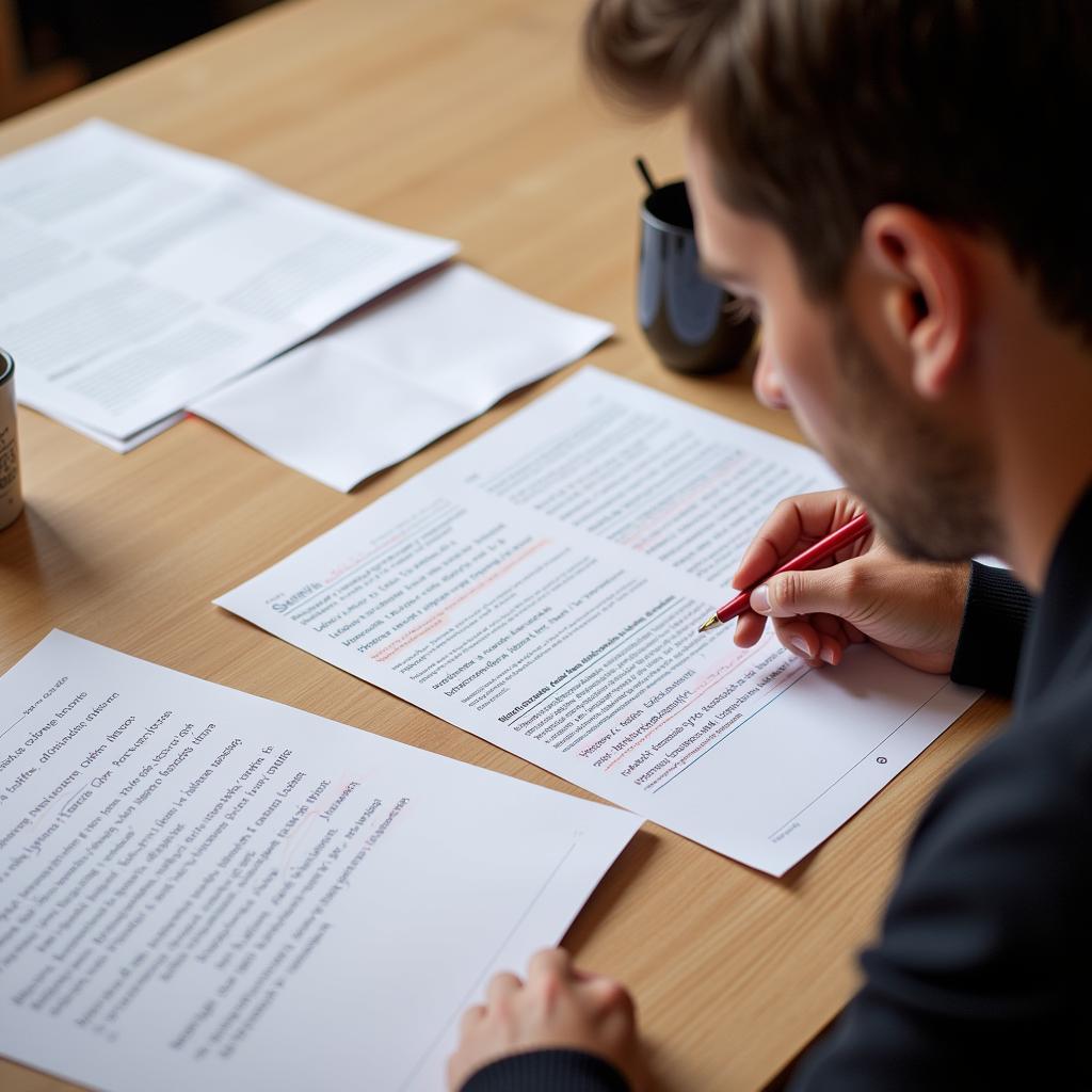 IELTS examiner reviewing and marking student essays