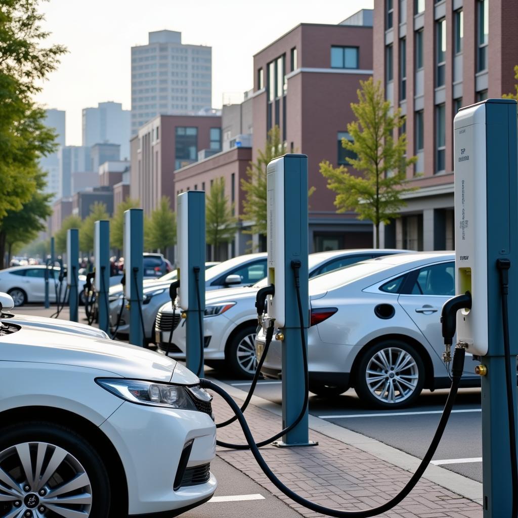 Electric vehicle charging infrastructure showing multiple charging stations in urban setting