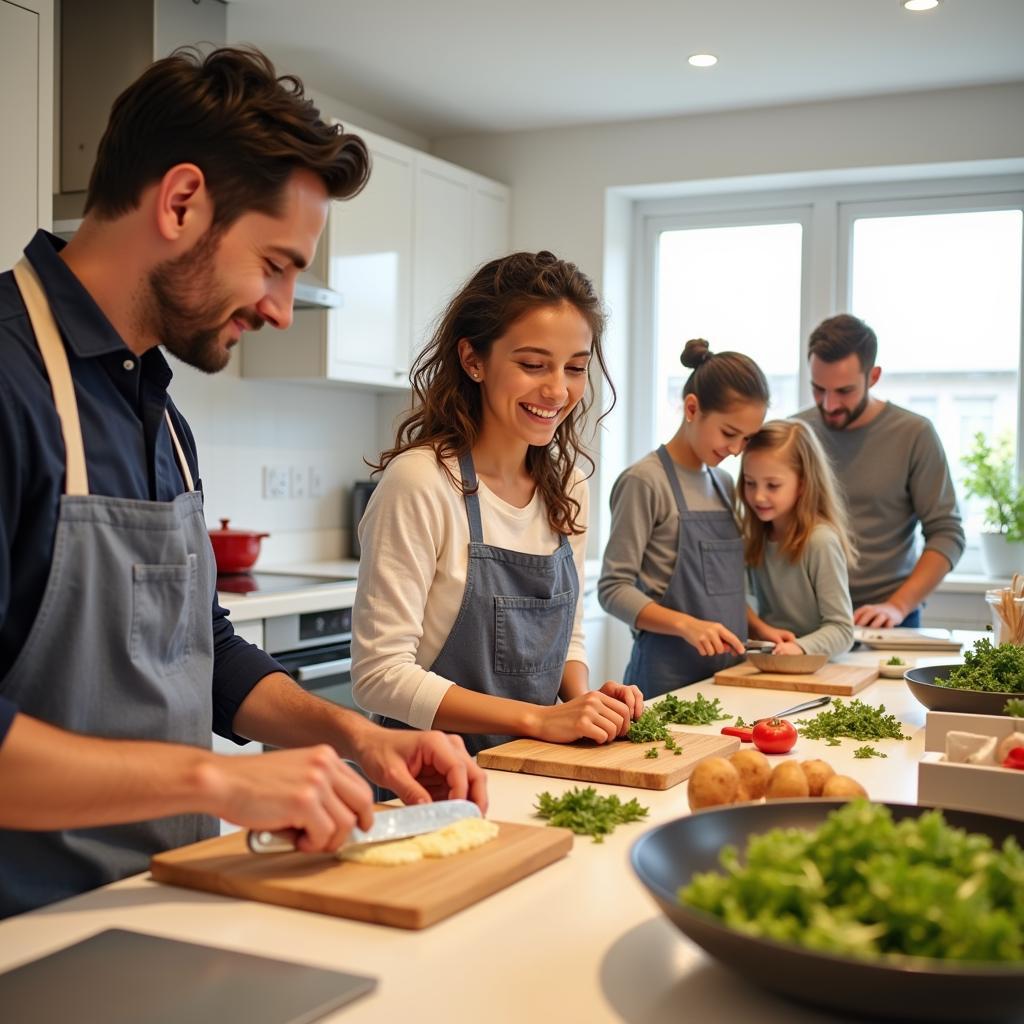 Family cooking together in kitchen scene