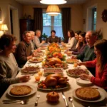 Large family gathered around Thanksgiving dinner table