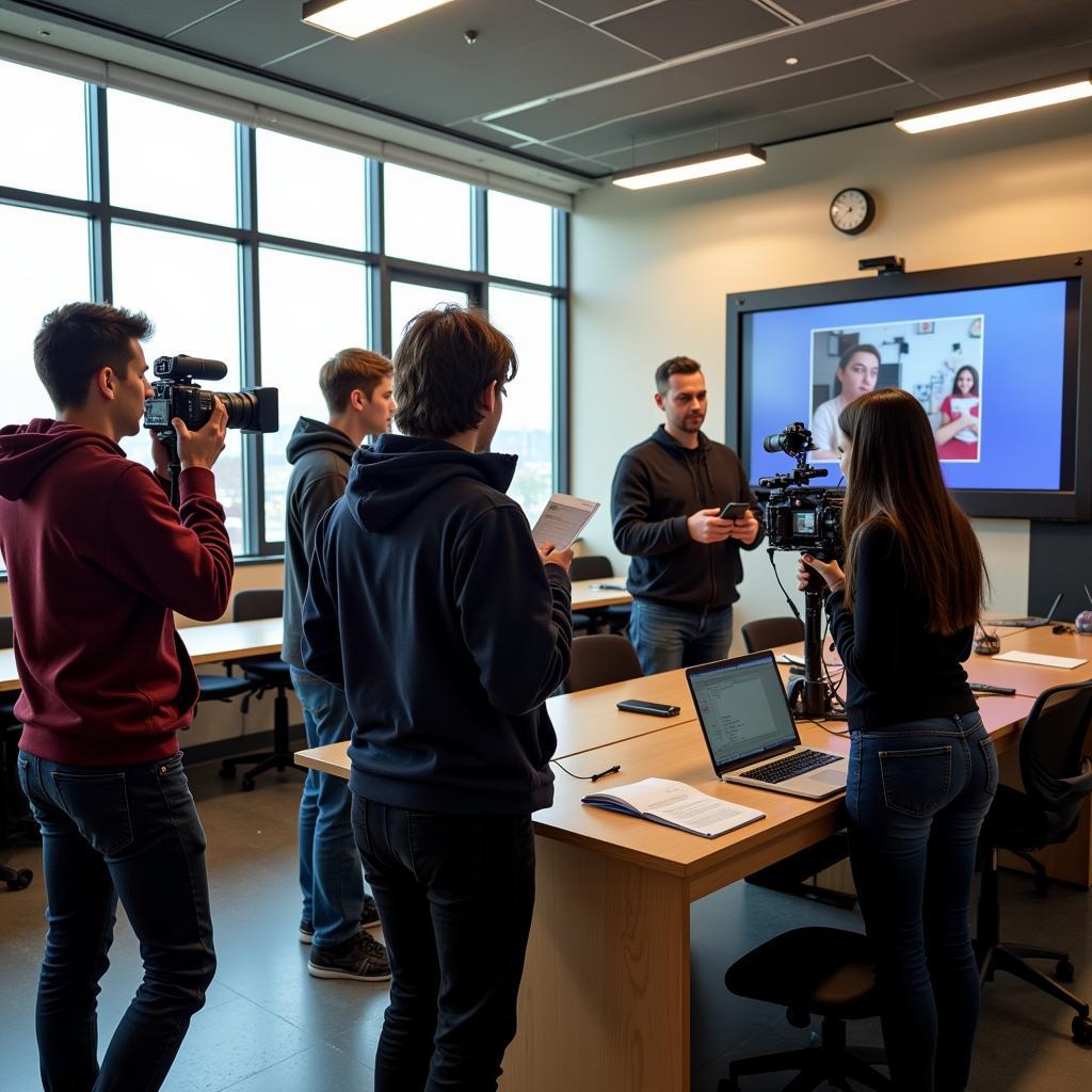 Students engaging in practical film production during media studies class