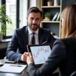 Professional financial advisor explaining investment strategies to client
