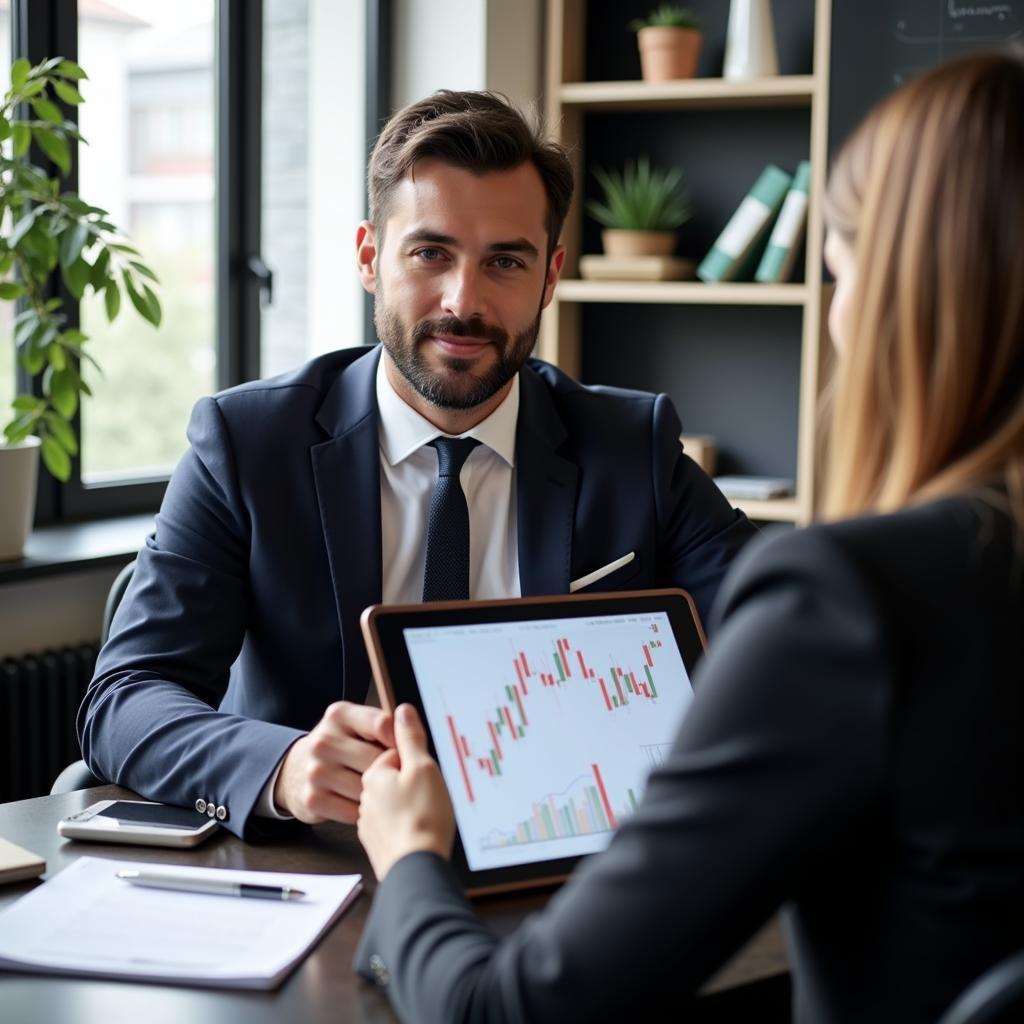Professional financial advisor explaining investment strategies to client