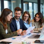Young professionals studying financial literacy materials in IELTS preparation