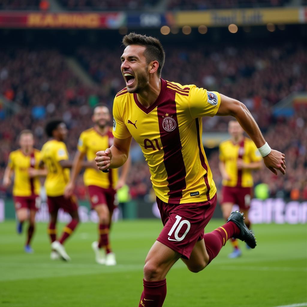Dramatic moment of scoring winning goal in football match