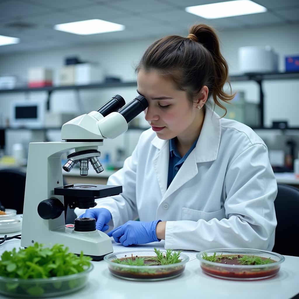Scientist examining genetically modified crops in modern laboratory