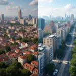 The effects of gentrification showing contrast between old and new buildings