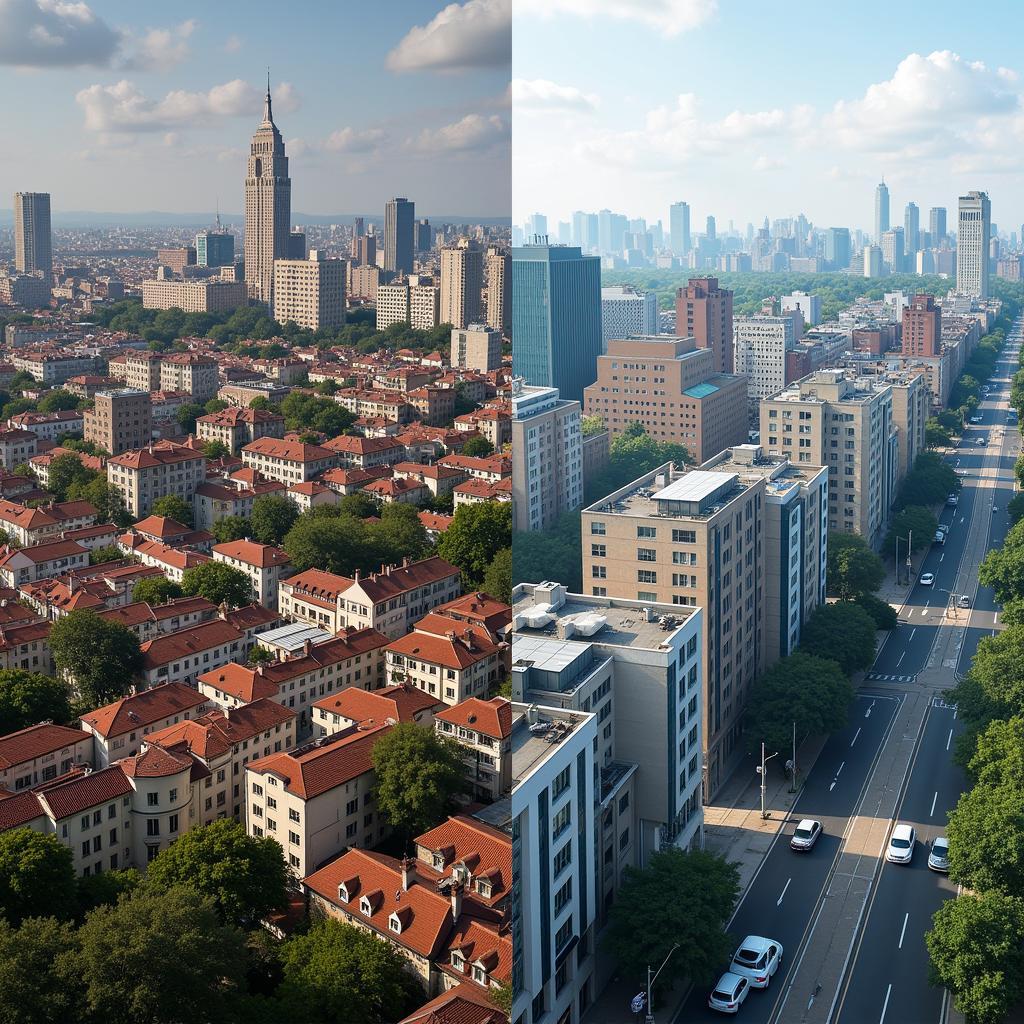 The effects of gentrification showing contrast between old and new buildings
