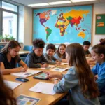 Students from diverse backgrounds studying global perspectives in modern classroom