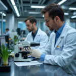 Scientists conducting research on genetically modified crops in modern laboratory