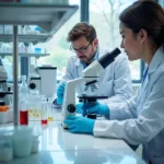 Scientists conducting GMO research in modern laboratory