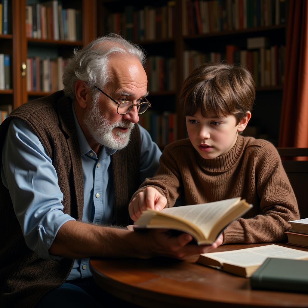 Elderly man sharing wisdom with young grandson