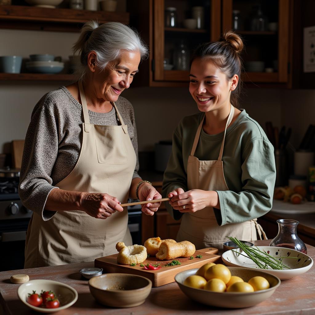 Grandmother teaching traditional cooking methods to younger generation