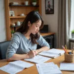 A student preparing for IELTS speaking with study materials and notes