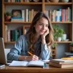 Student studying at home with digital devices and books