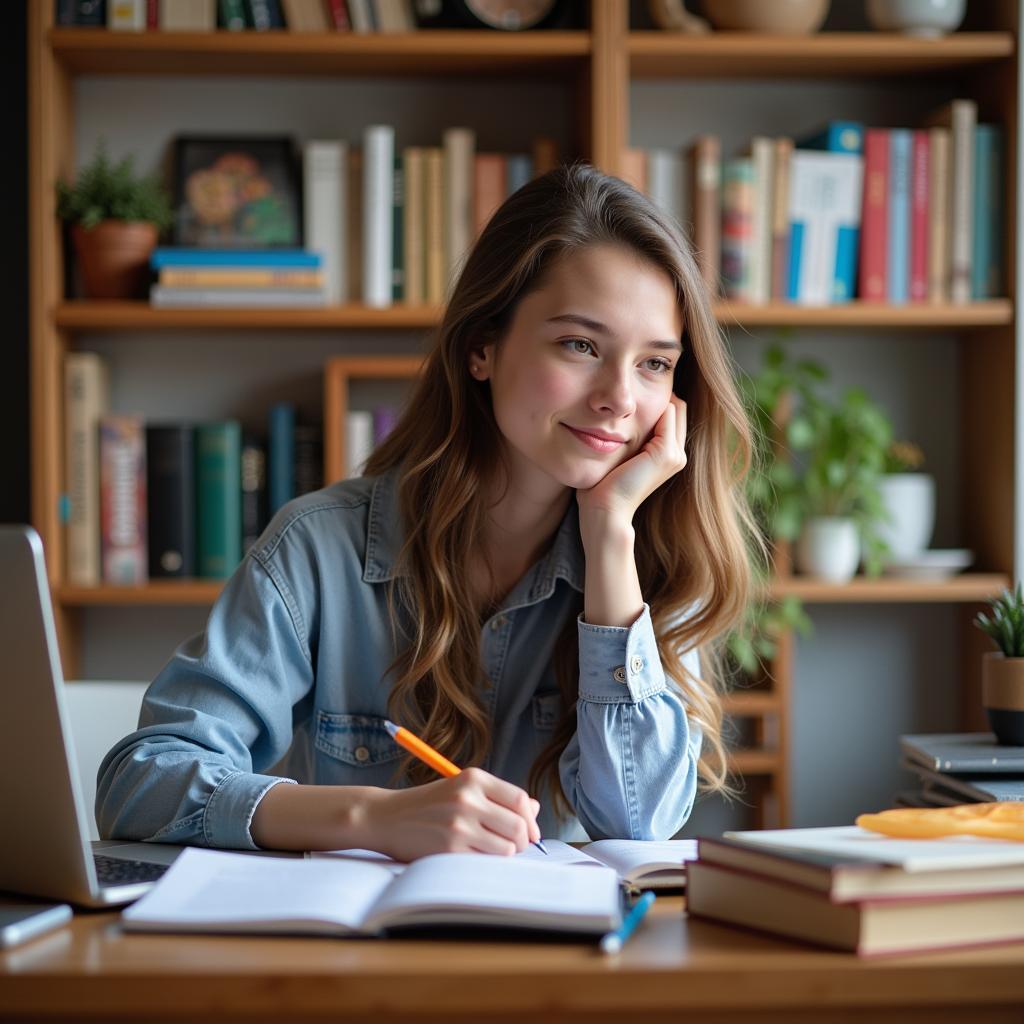 Student studying at home with digital devices and books