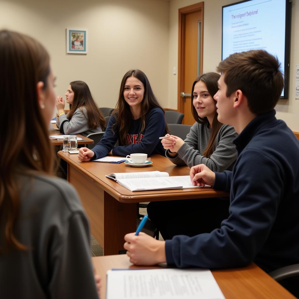 Students participating in organized debate session for IELTS preparation