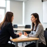 IELTS speaking examiner interviewing candidate in professional setting