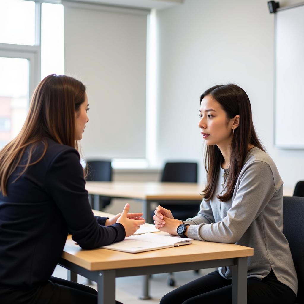 IELTS speaking examiner interviewing candidate in professional setting