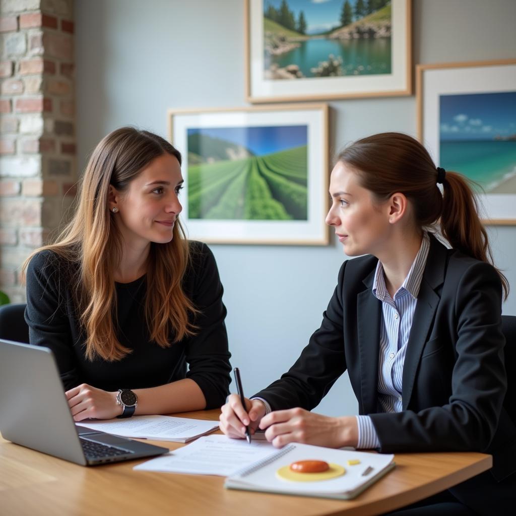 IELTS examiner conducting speaking test with candidate discussing environmental issues