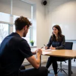 IELTS speaking test examiner interviewing candidate in professional setting