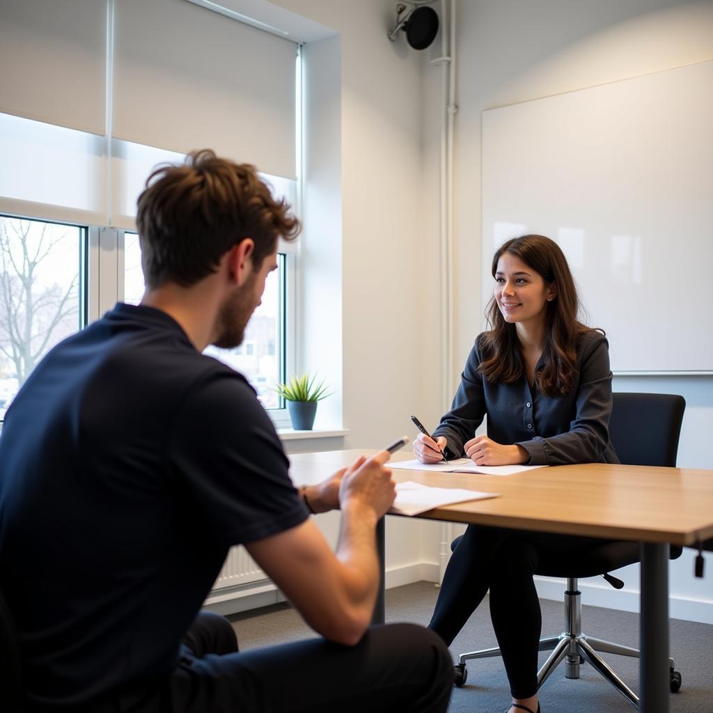 IELTS speaking test examiner interviewing candidate in professional setting
