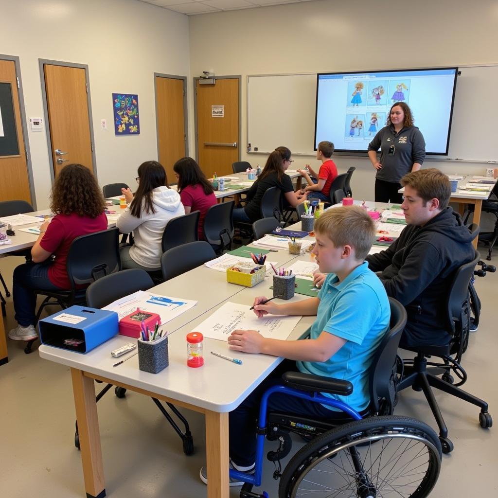 Inclusive art classroom with adaptive tools and diverse learning methods