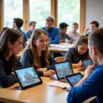 Students engaging with digital history games in modern classroom setting