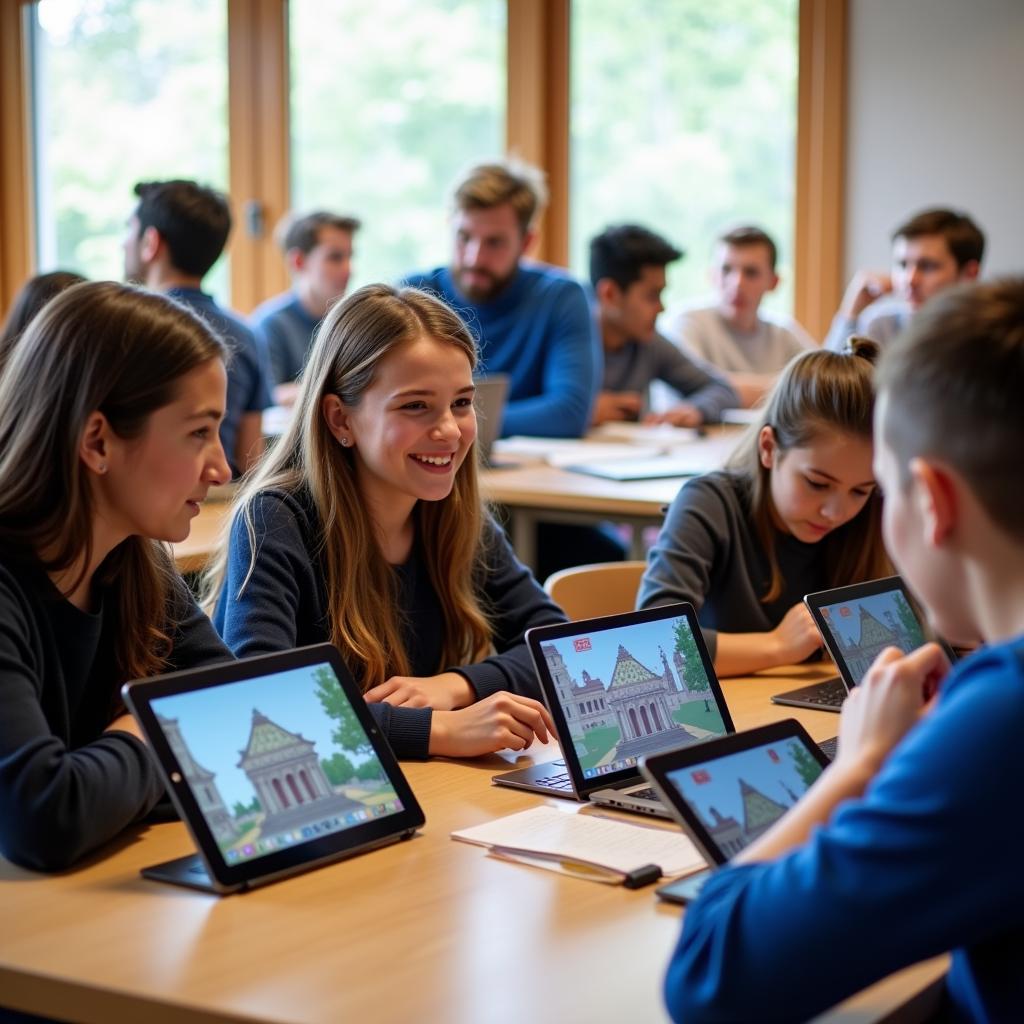 Students engaging with digital history games in modern classroom setting