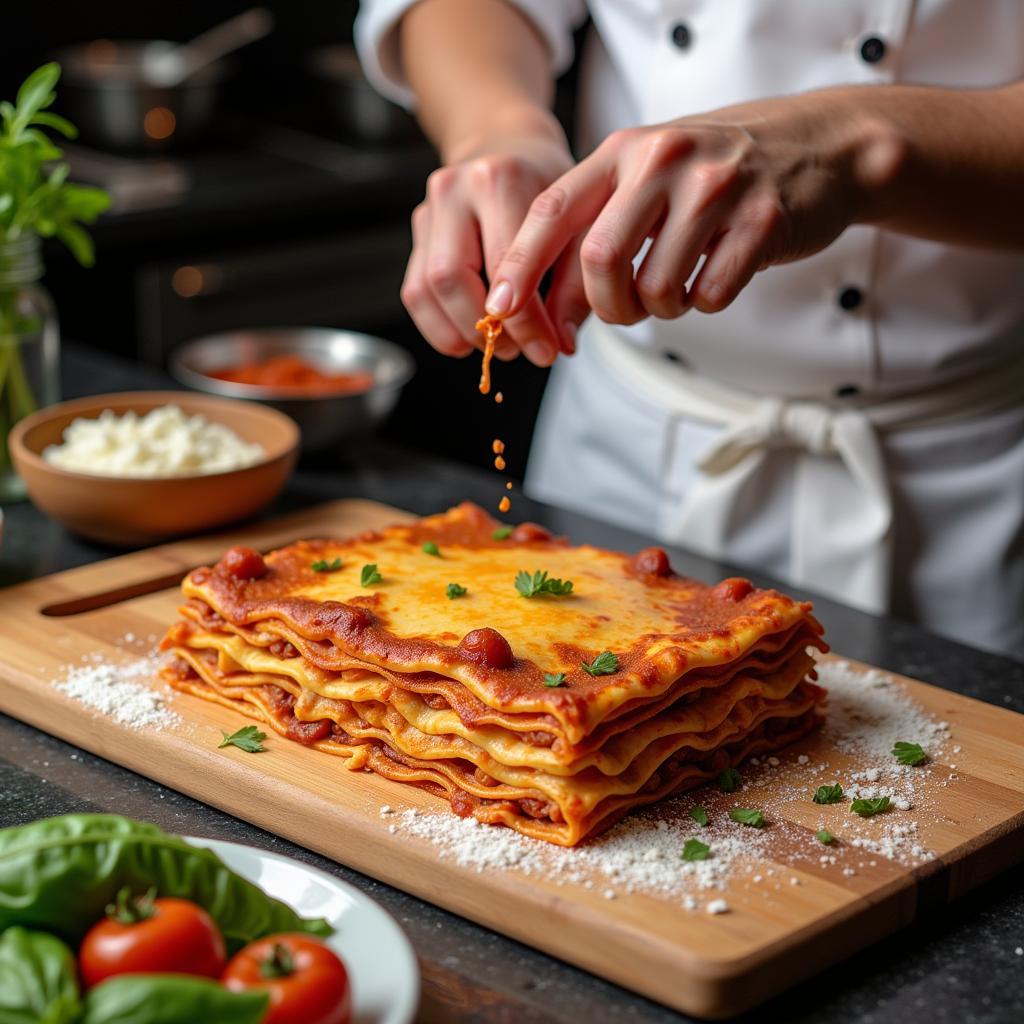 Professional chef demonstrating lasagna preparation techniques
