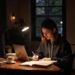 Student preparing for IELTS exam late at night