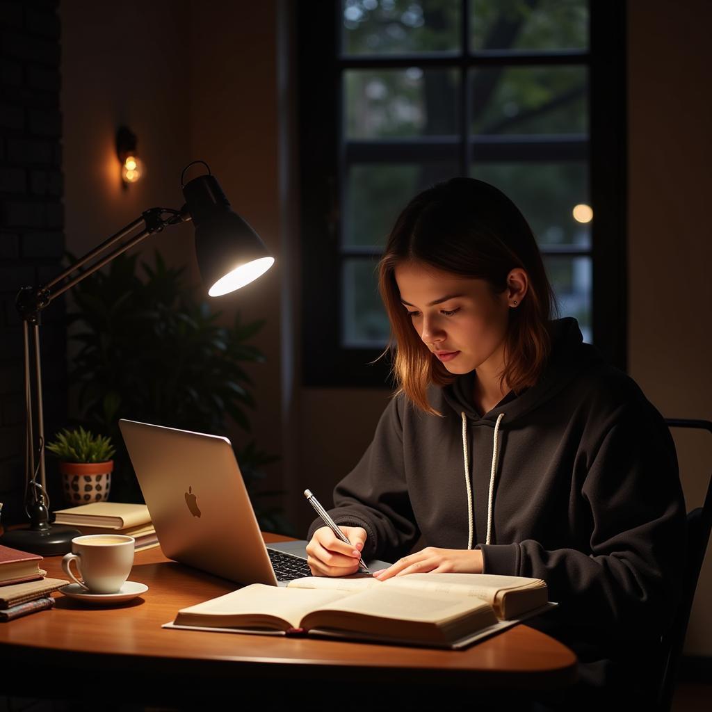 Student preparing for IELTS exam late at night