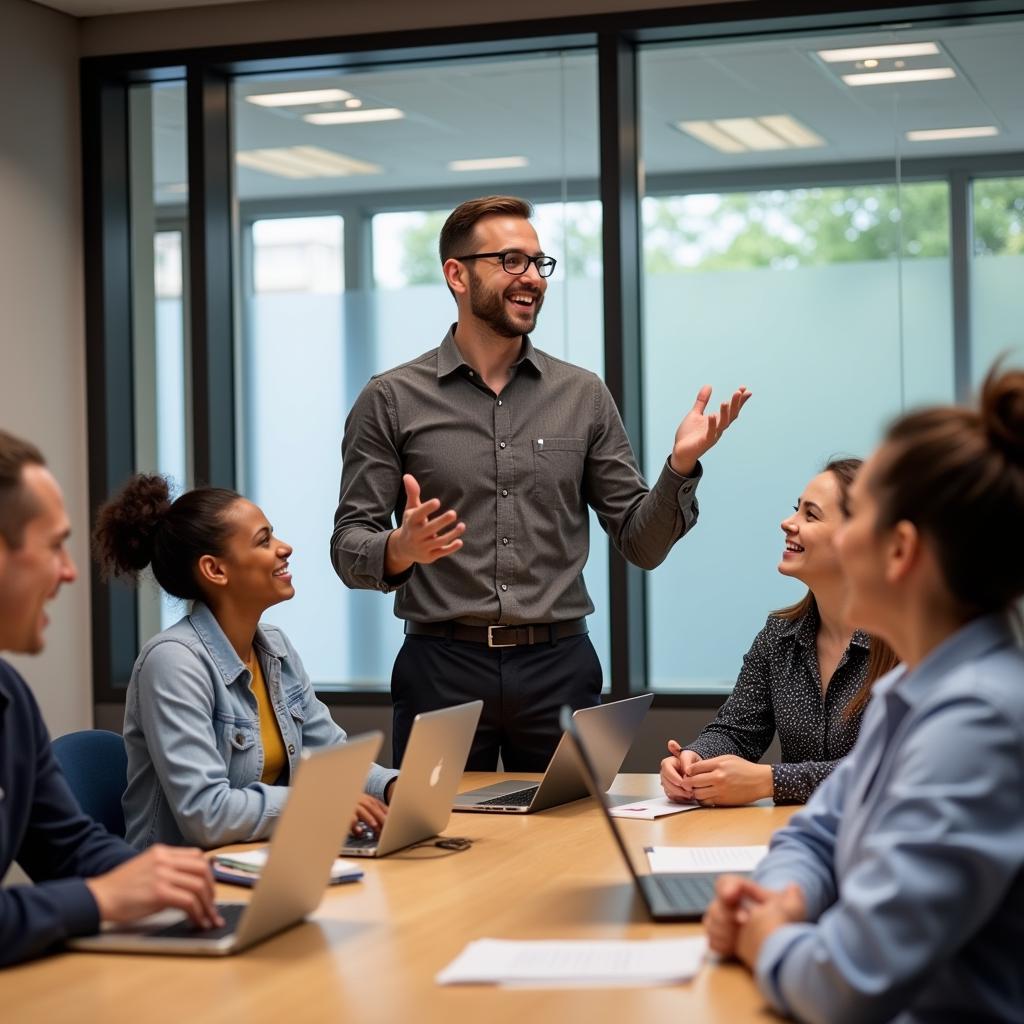A leader using humor during a team meeting to foster collaboration