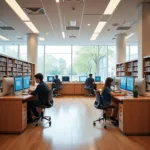 Modern library setting with students using digital and traditional resources