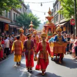 Colorful local festival celebration with traditional parade and performers