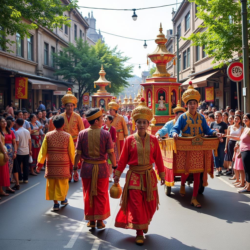 Colorful local festival celebration with traditional parade and performers