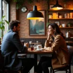 Two people having an engaging conversation in a coffee shop
